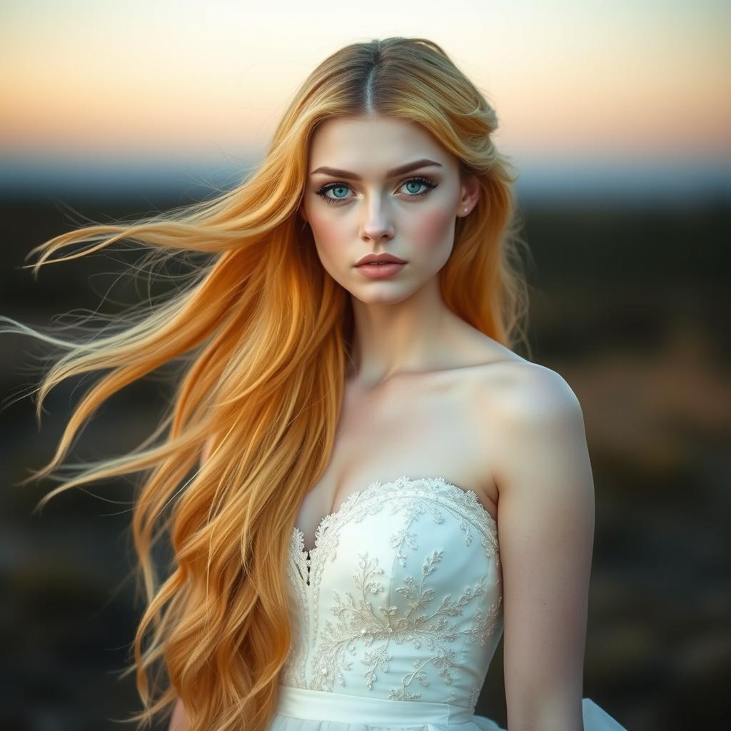 A bride with strikingly blonde hair that has a golden yellow hue, showcasing her long flowing locks