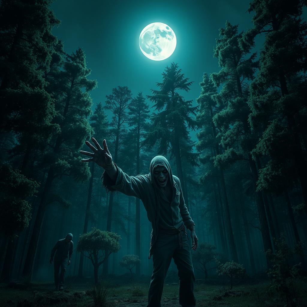 A realistic vertical image of a nighttime forest landscape, featuring a dense arrangement of tall trees with thick foliage, all set under a luminous full moon