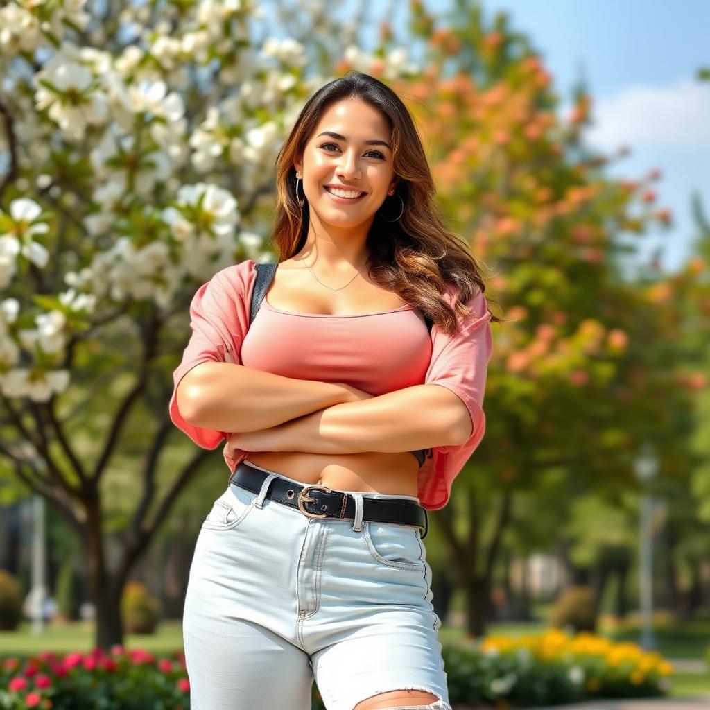 A confident woman standing tall at 170 cm and weighing 68 kg, showcasing her strength and beauty