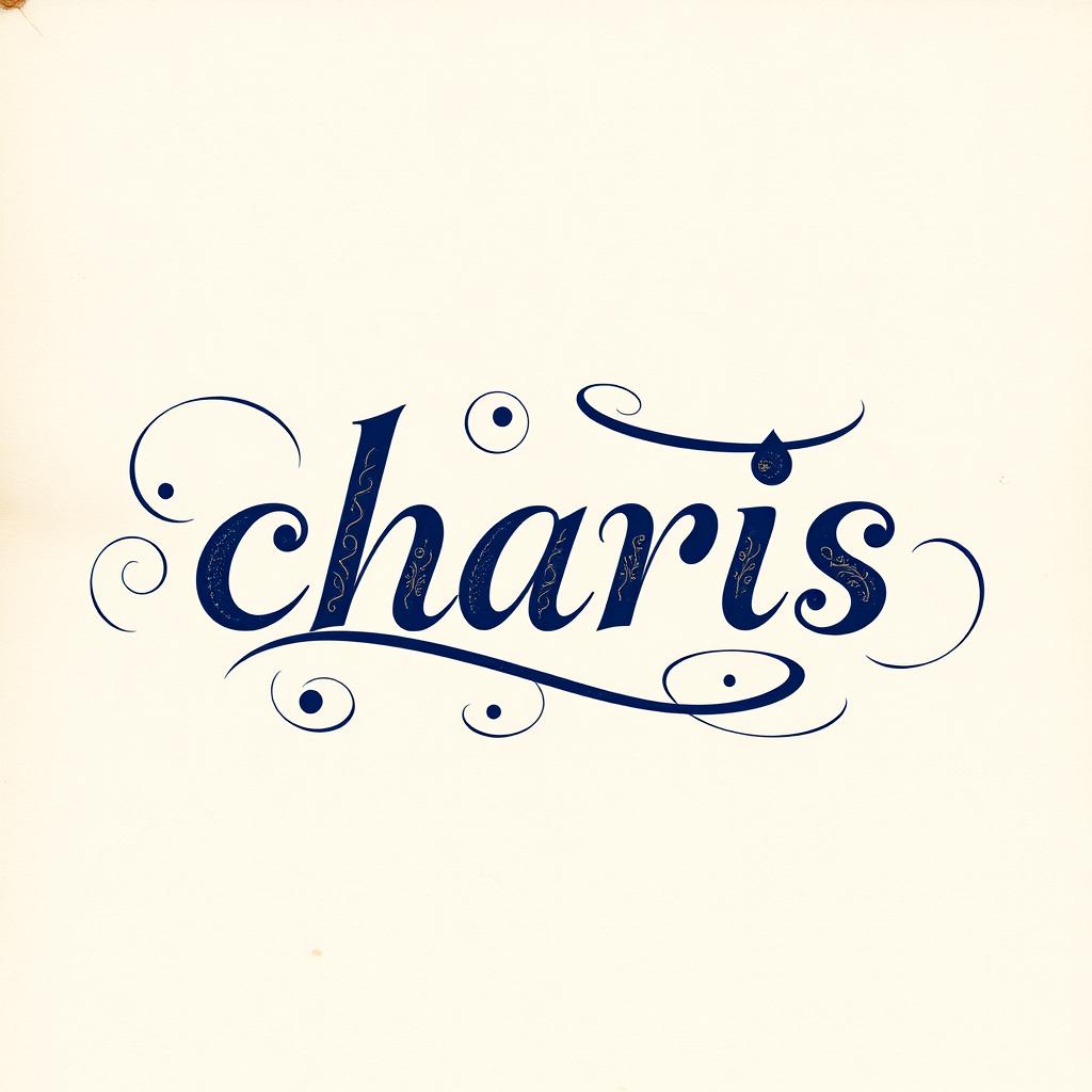 The Greek word for 'charis' (χάρισ) beautifully rendered in elegant calligraphy lettering, showcasing intricate swirls and flourishes that enhance its artistic appeal