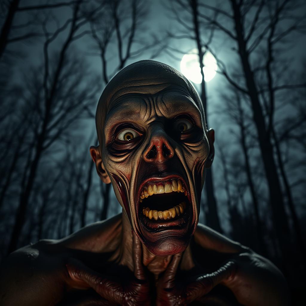 A realistic vertical image featuring a close-up of a zombie in the foreground, with decaying skin and hollow eyes, showing signs of distress and hunger