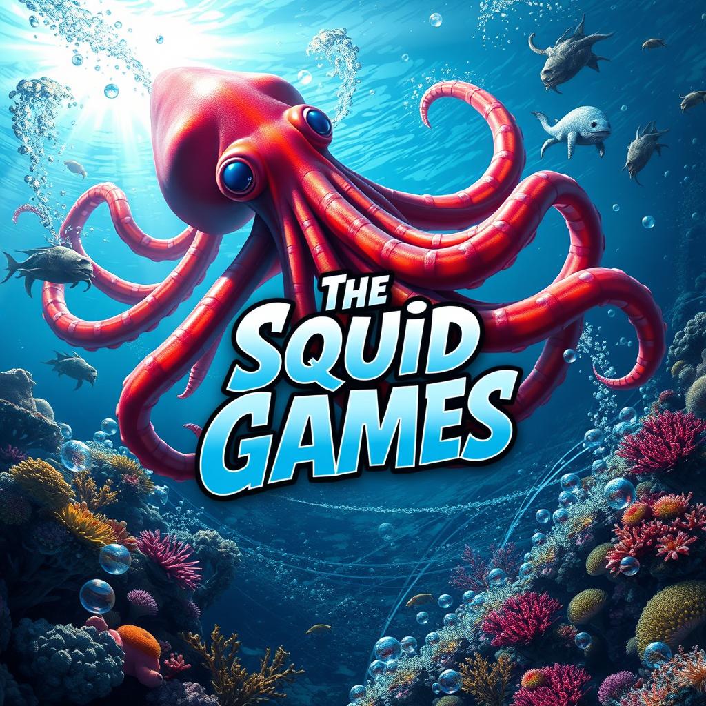 An epic underwater battle scene featuring a massive, vibrant squid at the center, surrounded by a dynamic and colorful marine environment