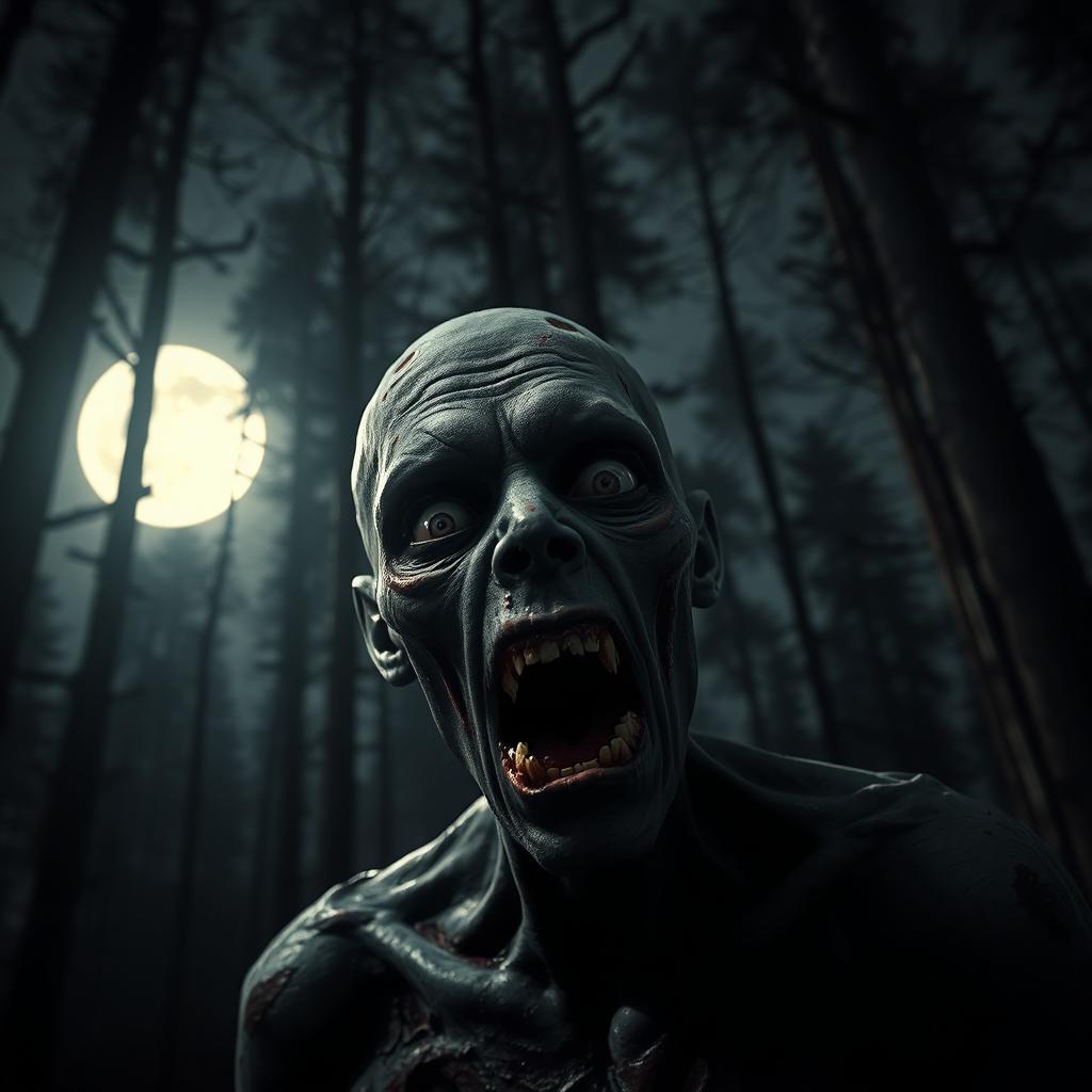 A dark and realistic vertical image featuring a close-up of a zombie in the foreground
