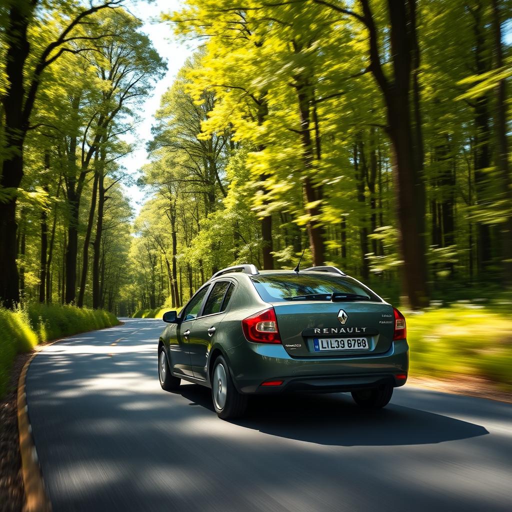 A Renault Logan 2008 driving down a serene and lush forest road, surrounded by tall green trees and dappled sunlight filtering through the leaves