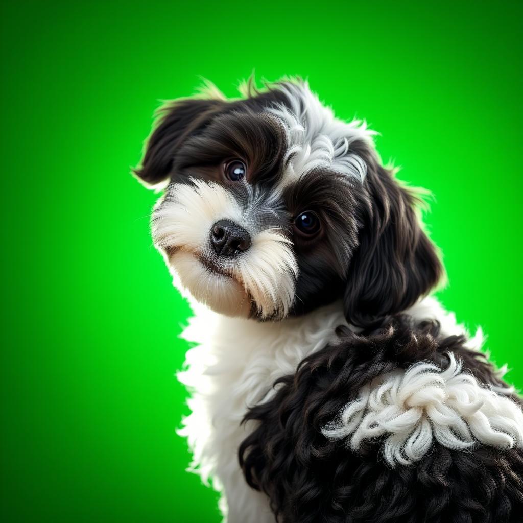 A Cockapoo dog with black and white fur that perfectly matches the provided reference photo, looking directly at the camera with its head slightly turned for a candid pose