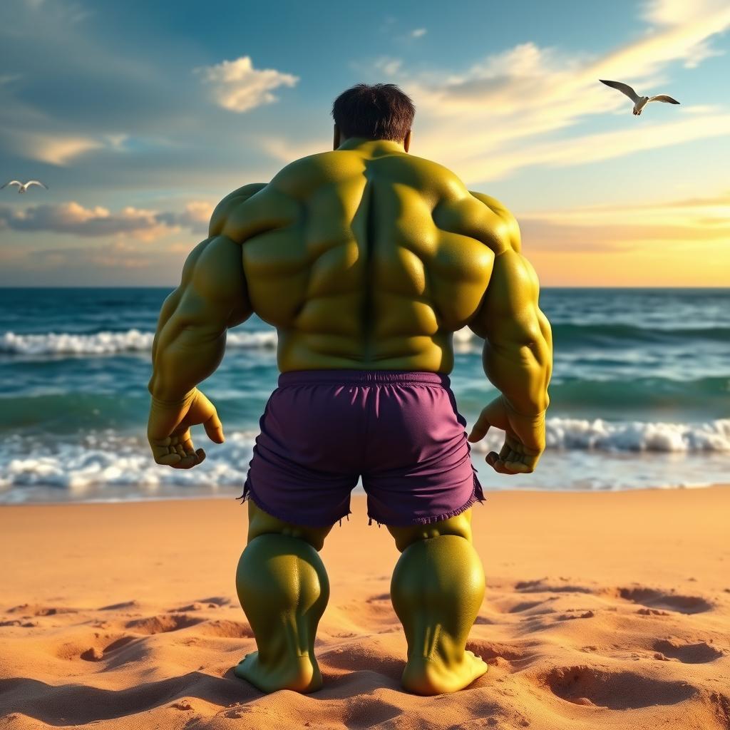 A highly realistic image of the Hulk standing on a sandy beach, facing the ocean with his back to the camera