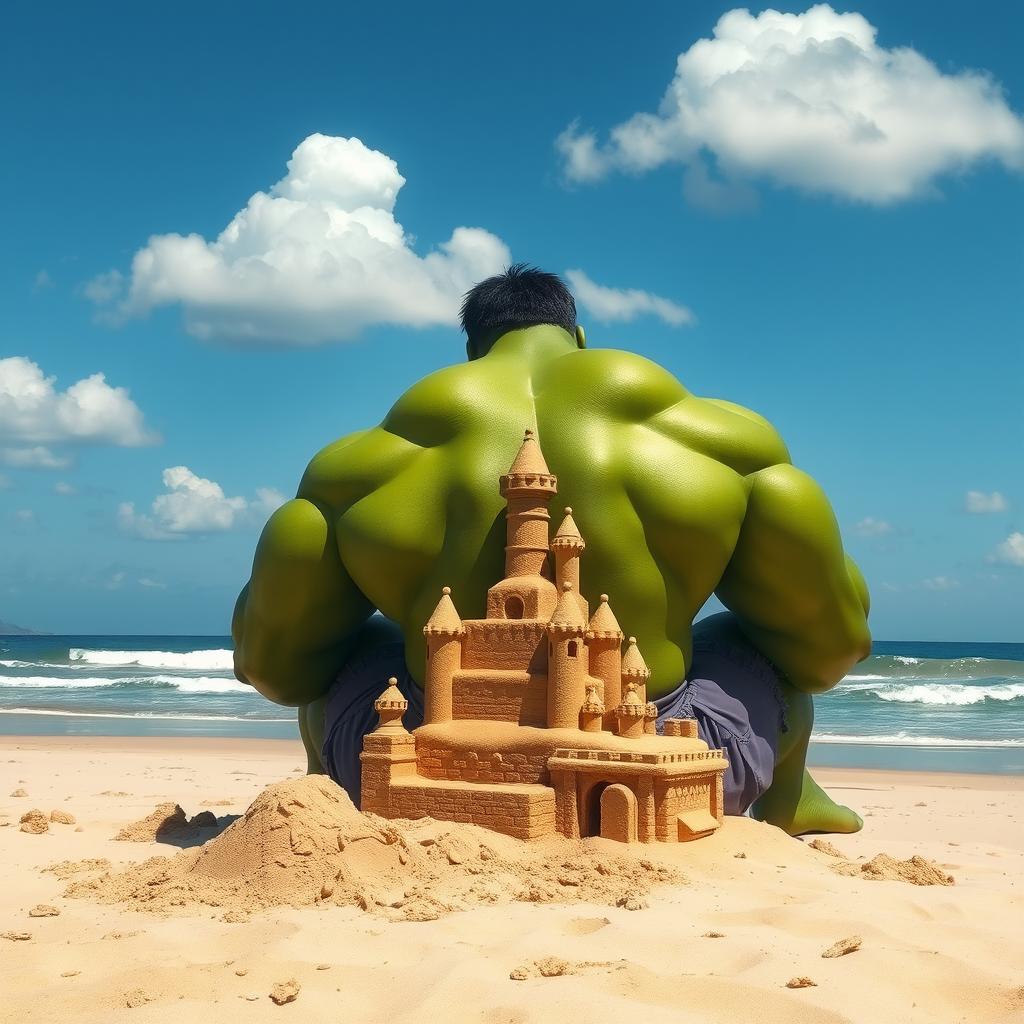 A massive, green-skinned Hulk sits on a sandy beach with his back to the camera, focused on carefully building a large and detailed sandcastle with his oversized hands