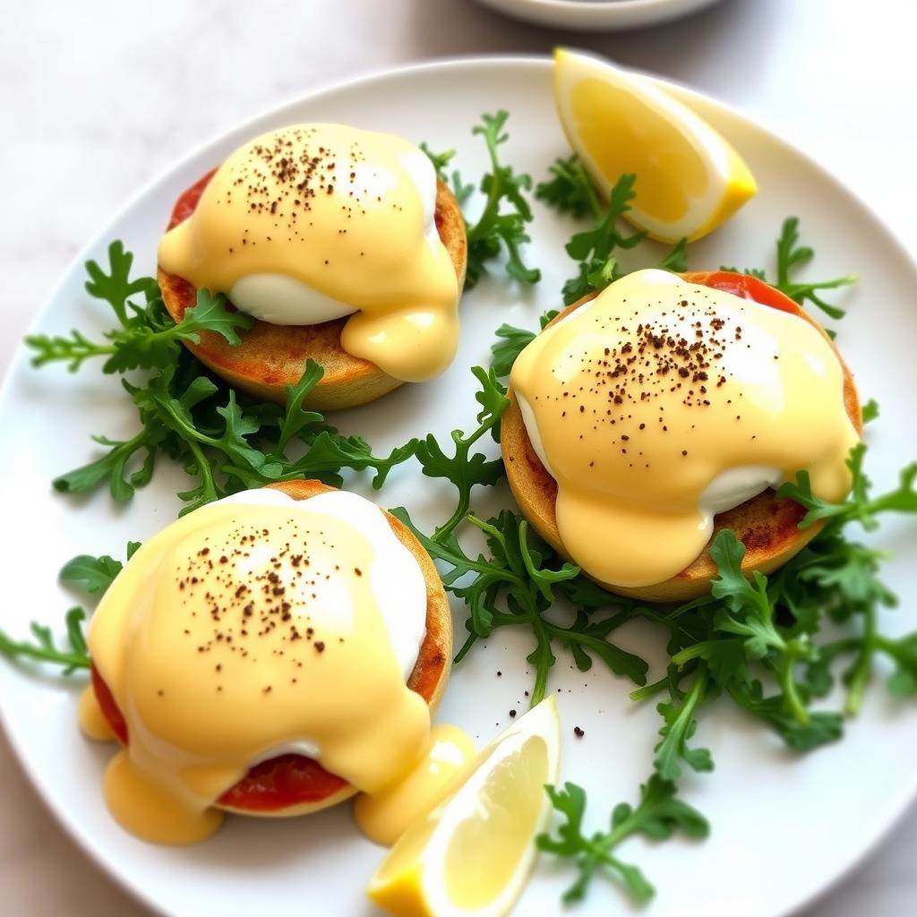 A beautifully presented plate of Eggs Benedict featuring perfectly poached eggs nestled atop buttery English muffins, each topped with a rich, creamy hollandaise sauce
