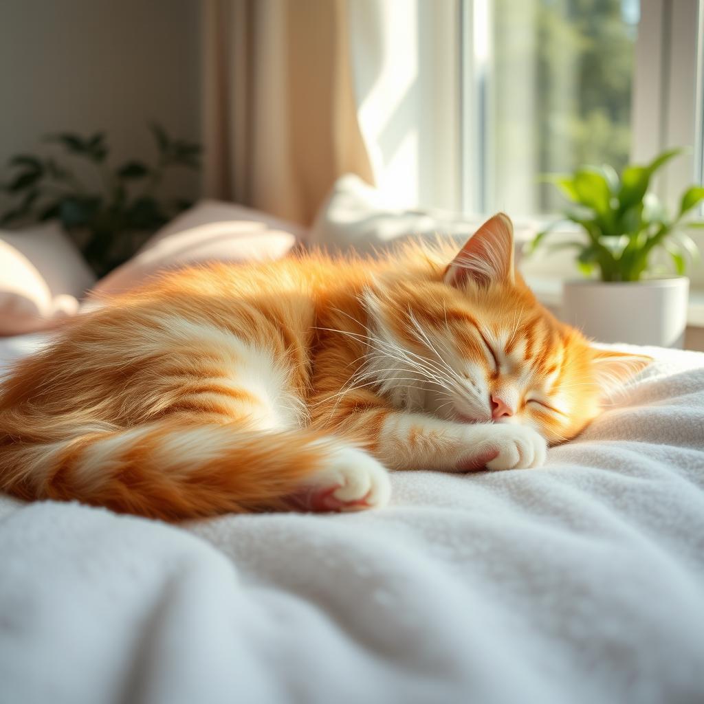 A serene scene of a fluffy cat peacefully sleeping on a soft, cozy blanket