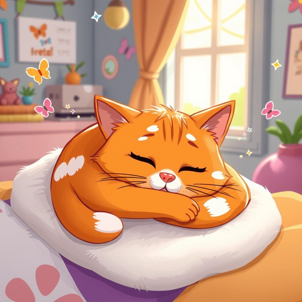 A charming cartoon illustration of a sleepy cat curled up on a fluffy pillow, with cartoon-style exaggerated features like big, round eyes and a small, cute nose