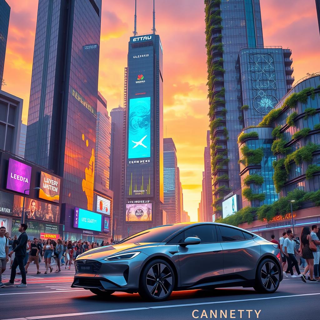 A futuristic cityscape at sunset, with towering skyscrapers featuring bright neon lights and holographic billboards