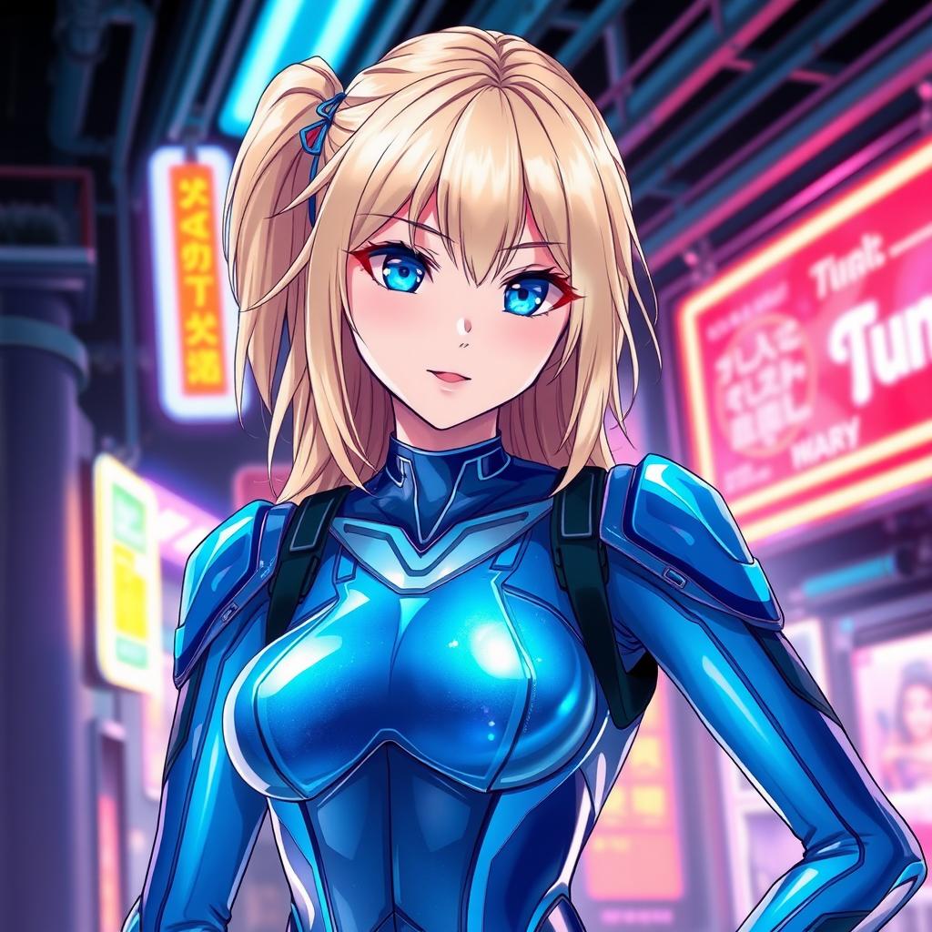 A futuristic, attractive blonde college girl with captivating blue eyes, dressed in a sleek blue holographic body suit that shimmers and reflects light, from the neck down