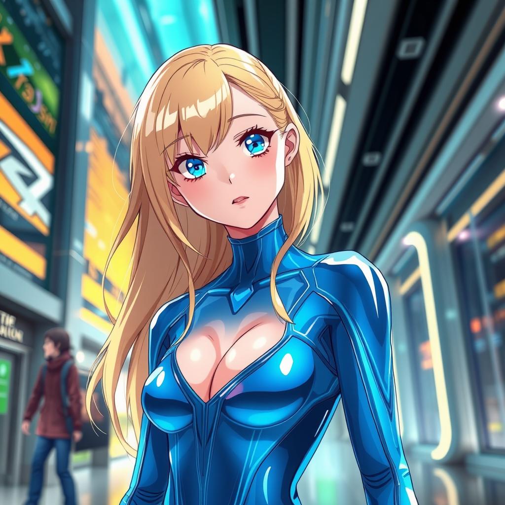 A futuristic setting featuring an attractive blonde college girl with striking blue eyes