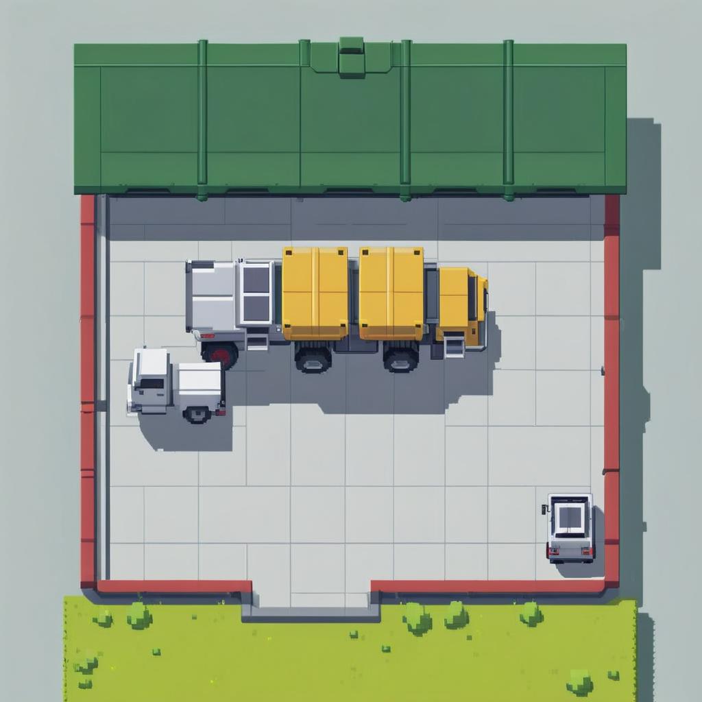 pixel art style mining trucks, yellow and red, top down view