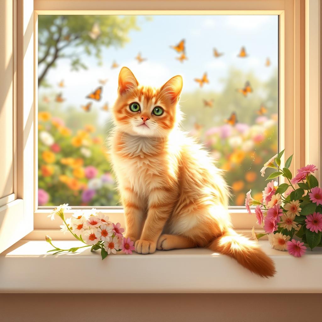 A cute cat sitting on a windowsill, basking in the sunlight, its fur gleaming in soft golden hues