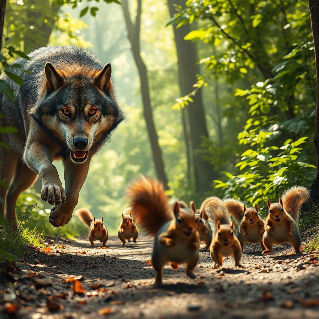 A dramatic scene in a dense, sunlit forest where a fierce wolf is lunging towards playful squirrels on a forest path, capturing the tension of the moment