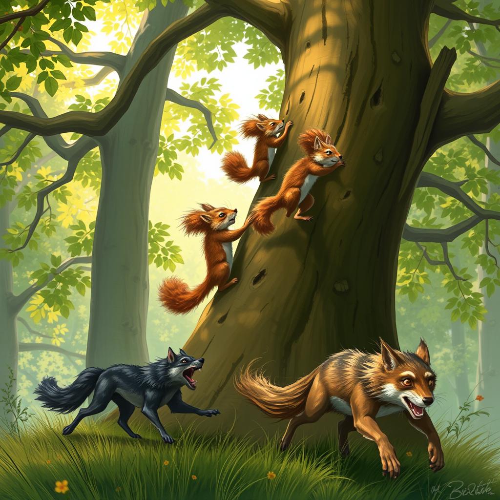 Playful squirrels climbing a tree while escaping from a wolf, depicting a dynamic scene in a vibrant forest