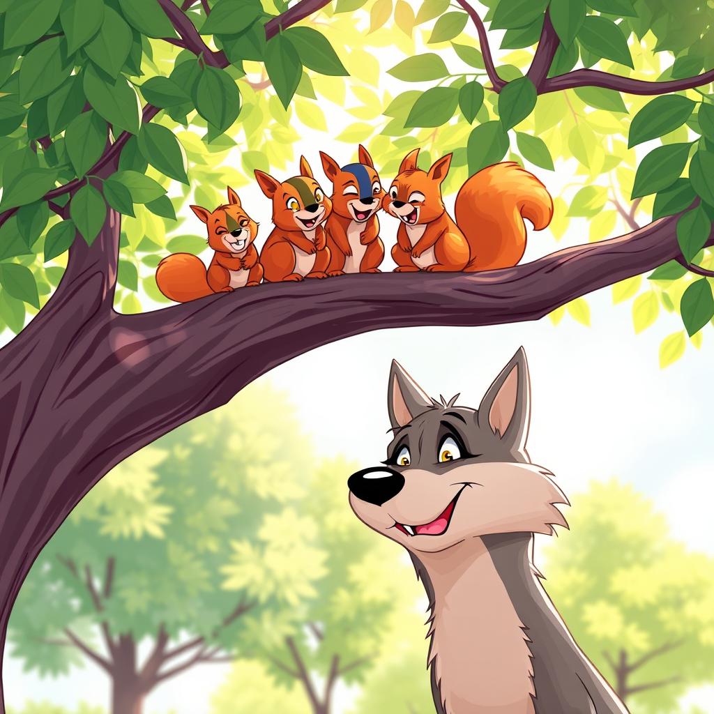 Squirrels laughing on a tree branch above a wolf that failed to catch them