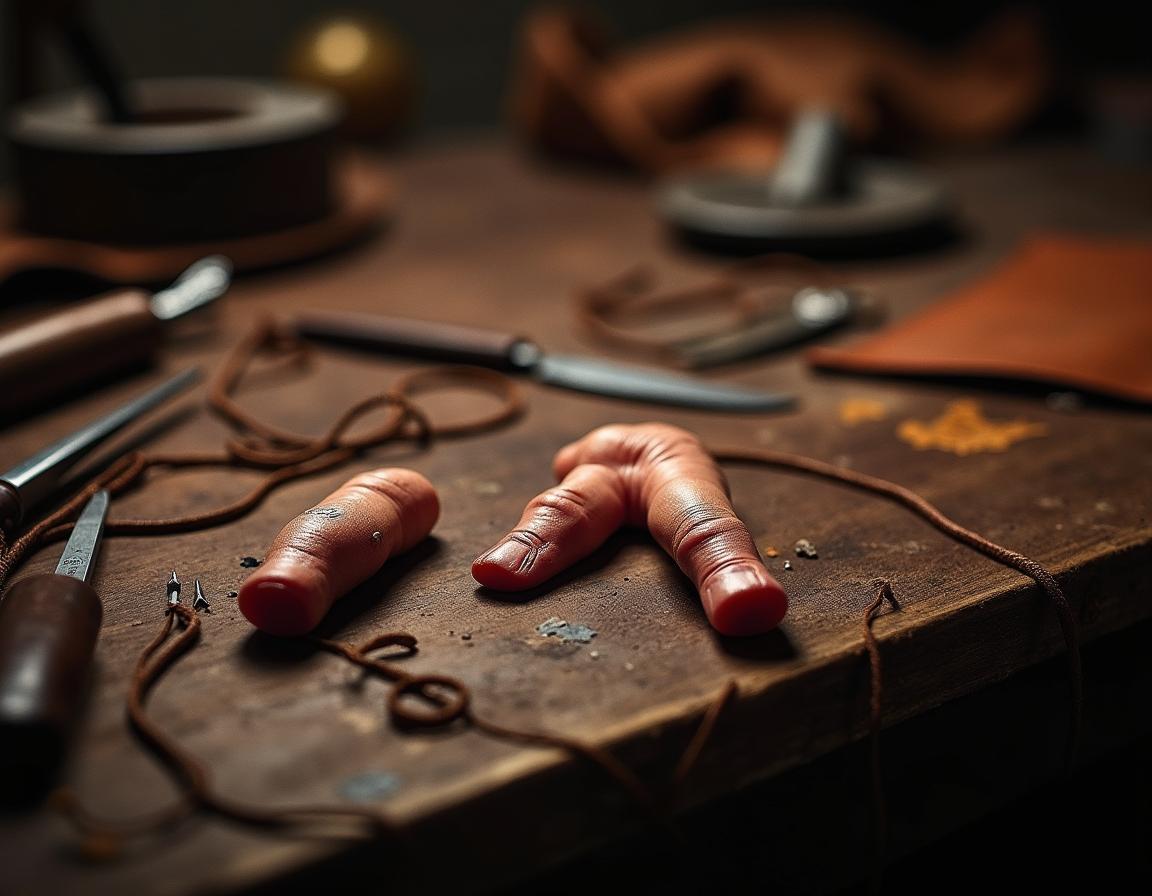 A first person perspective from a leather working station, featuring a close-up view of a workbench, tools scattered around including knives, needles, and leather pieces in various stages of crafting