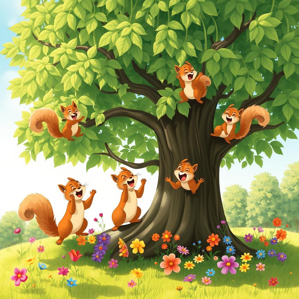 A whimsical scene featuring squirrels laughing on a tree