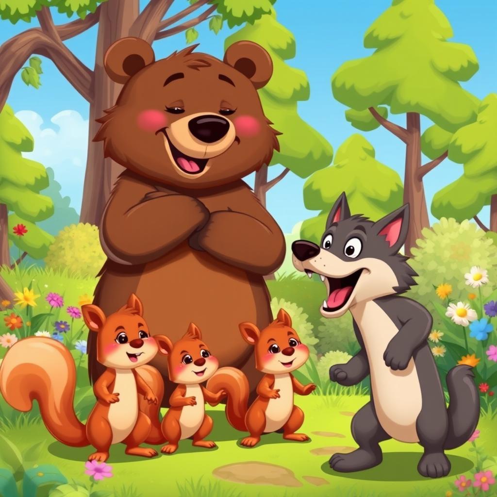 A playful scene in a vibrant forest where a bear heroically saves a group of playful squirrels from a menacing wolf