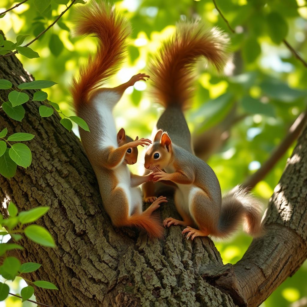 Playful squirrels frolicking on a forest tree, surrounded by vibrant green leaves and dappled sunlight filtering through the branches