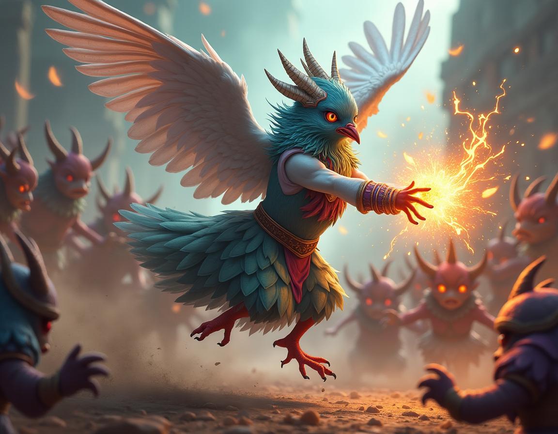 An anthropomorphic pigeon girl engaged in an epic battle against a horde of goblins, using vibrant magic spells