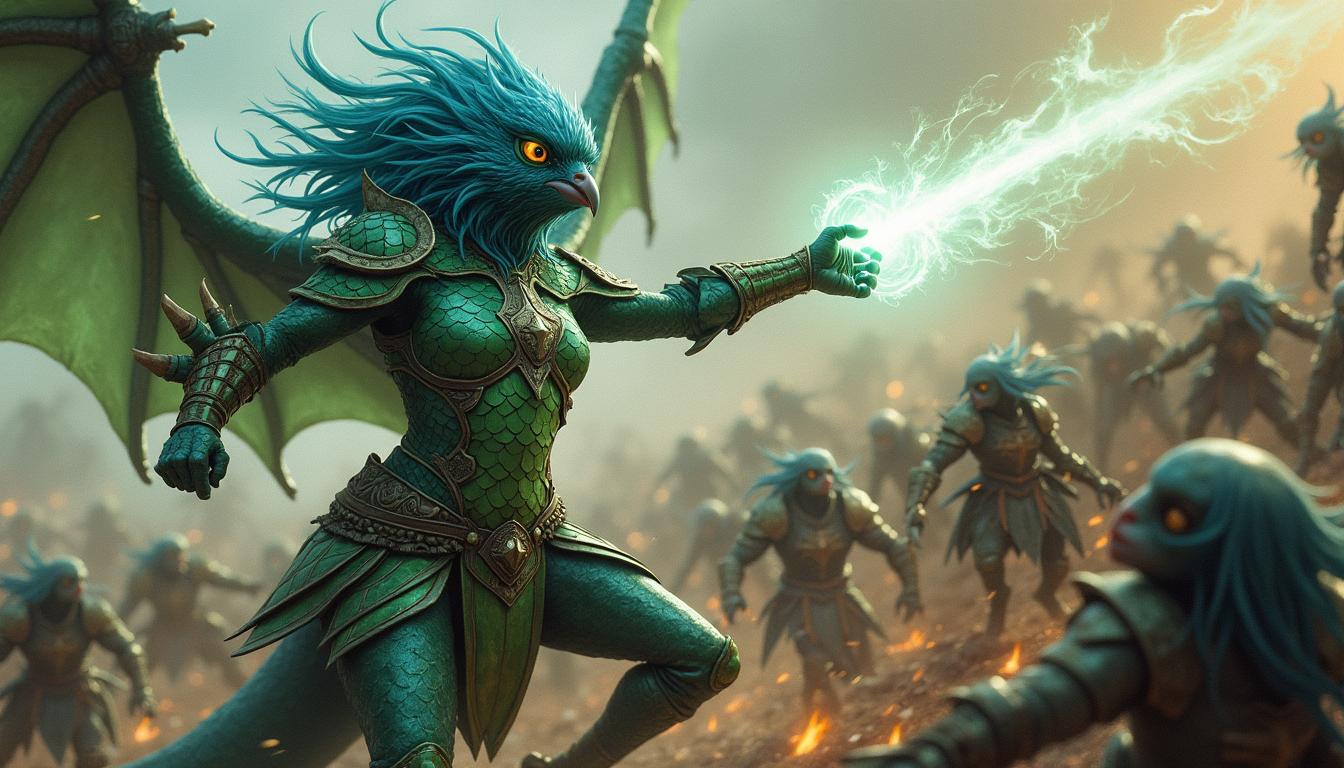 An anthropomorphic pigeon girl in intricately designed dragon scale armor, fiercely battling a horde of goblins