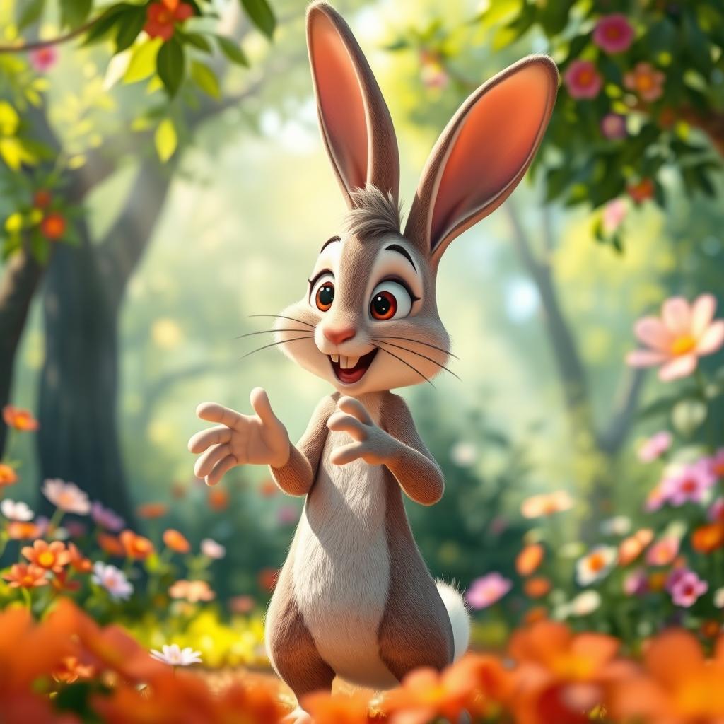 A whimsical scene featuring an animated talking rabbit