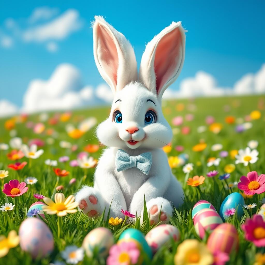 A whimsical Easter bunny sitting in a lush green meadow filled with colorful flowers and Easter eggs
