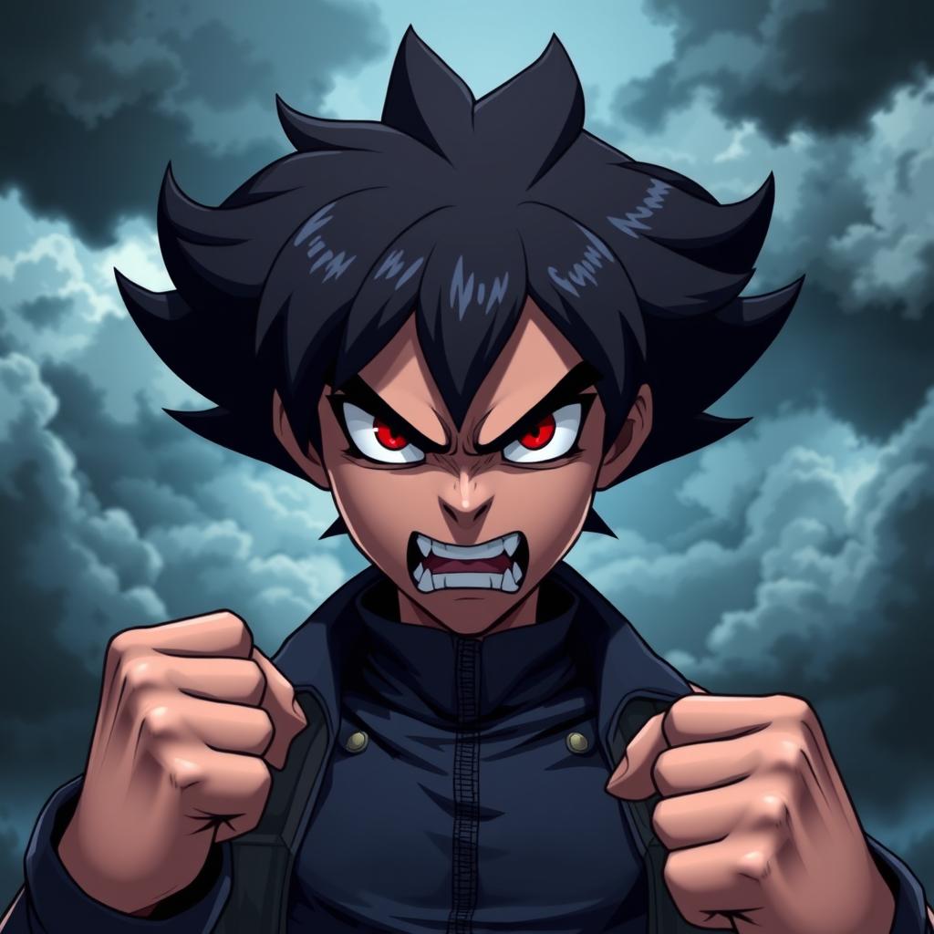 A character with an intense expression of anger, featuring clenched fists and furrowed brows