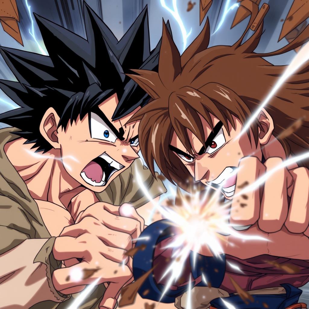 An intense anime scene depicting two men in a fierce fight