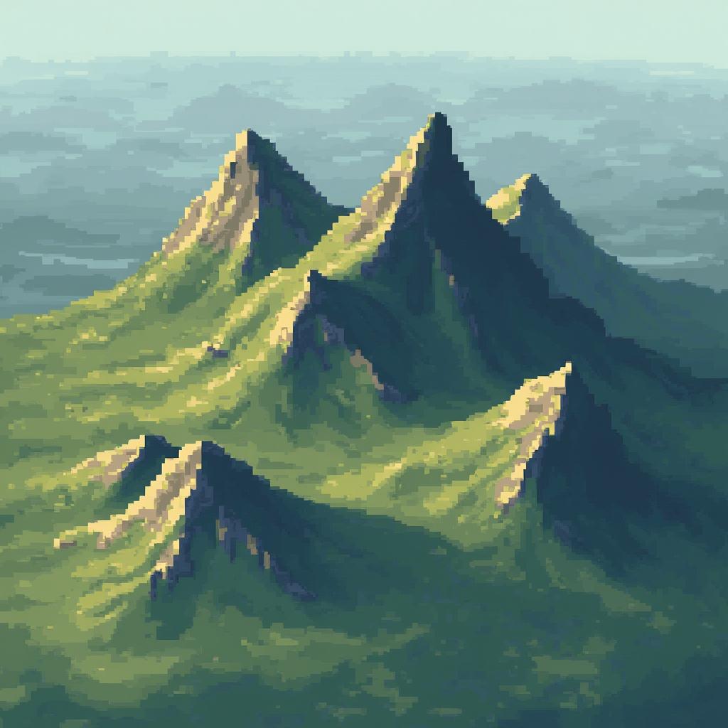 A pixel art illustration depicting mountains viewed from a top-down perspective