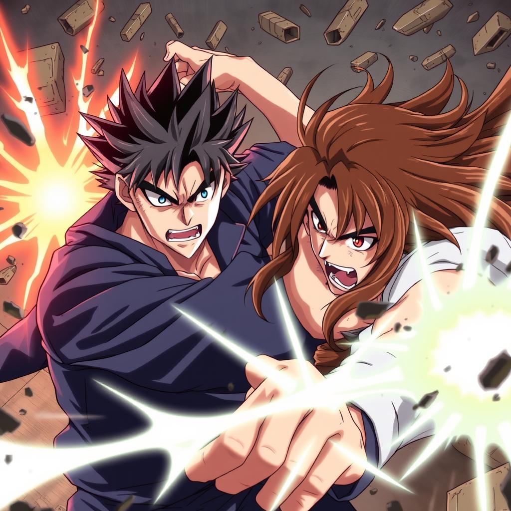 An intense anime illustration capturing two men engaged in a fierce fight