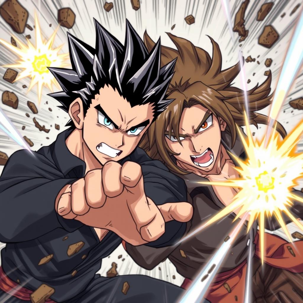 An explosive anime illustration featuring two men locked in an intense battle