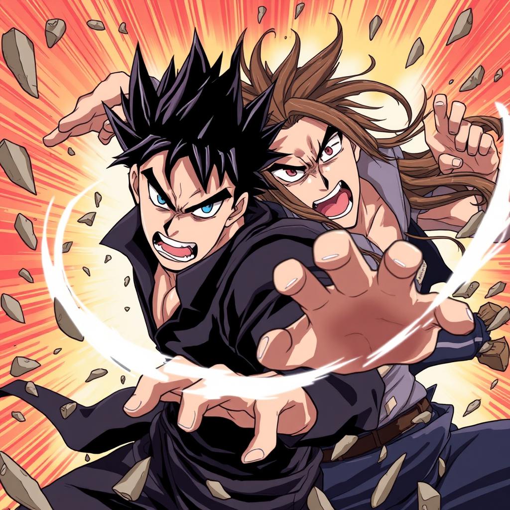 A dramatic anime illustration depicting two men fiercely fighting