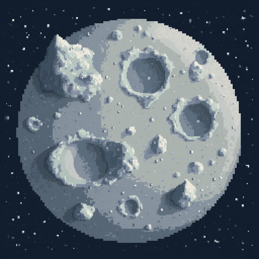 A pixel art illustration depicting mountains on the moon from a top-down aerial perspective