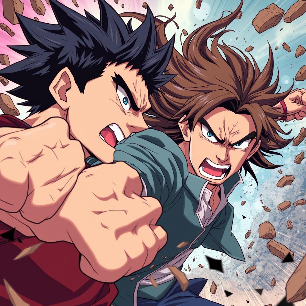 A thrilling anime-style illustration capturing two men in a fierce fight, filled with anger and intensity