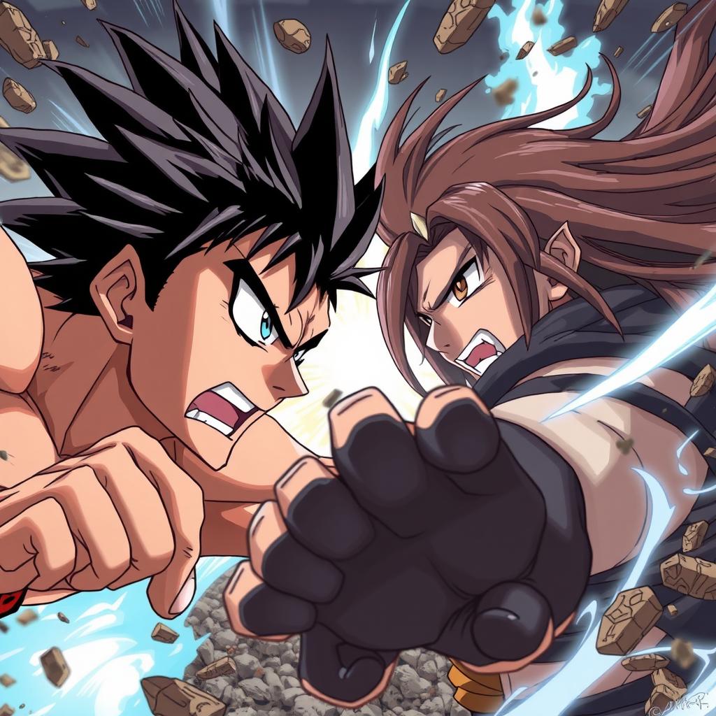 An intense anime-style scene showcasing two men engaged in a fierce battle