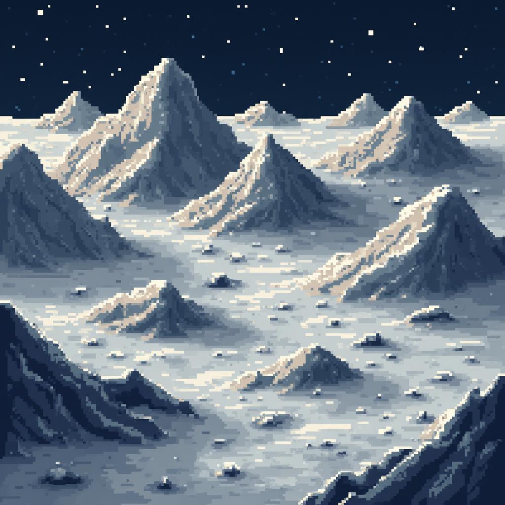 A pixel art illustration depicting mountains on the moon viewed from a top-down perspective