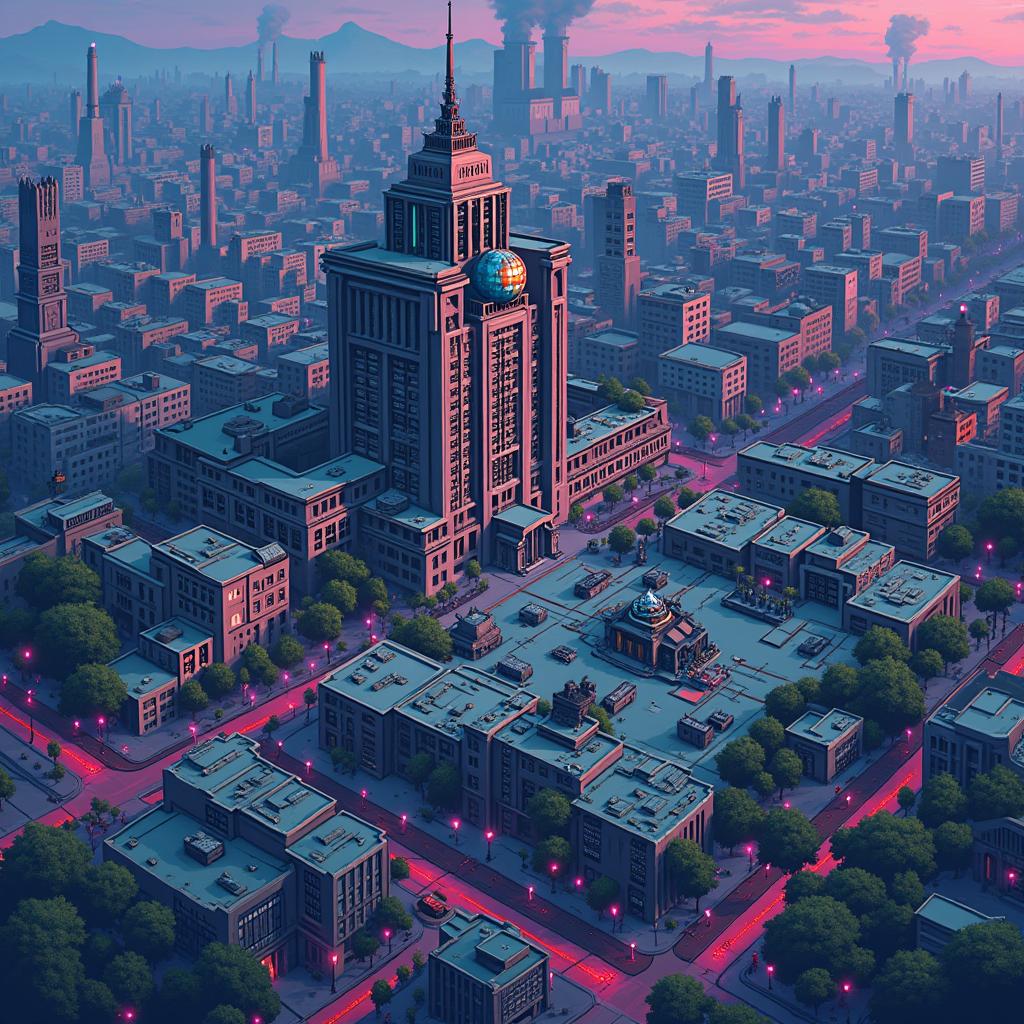 A pixel art style illustration of a cyberpunk city depicted from a top-down aerial view
