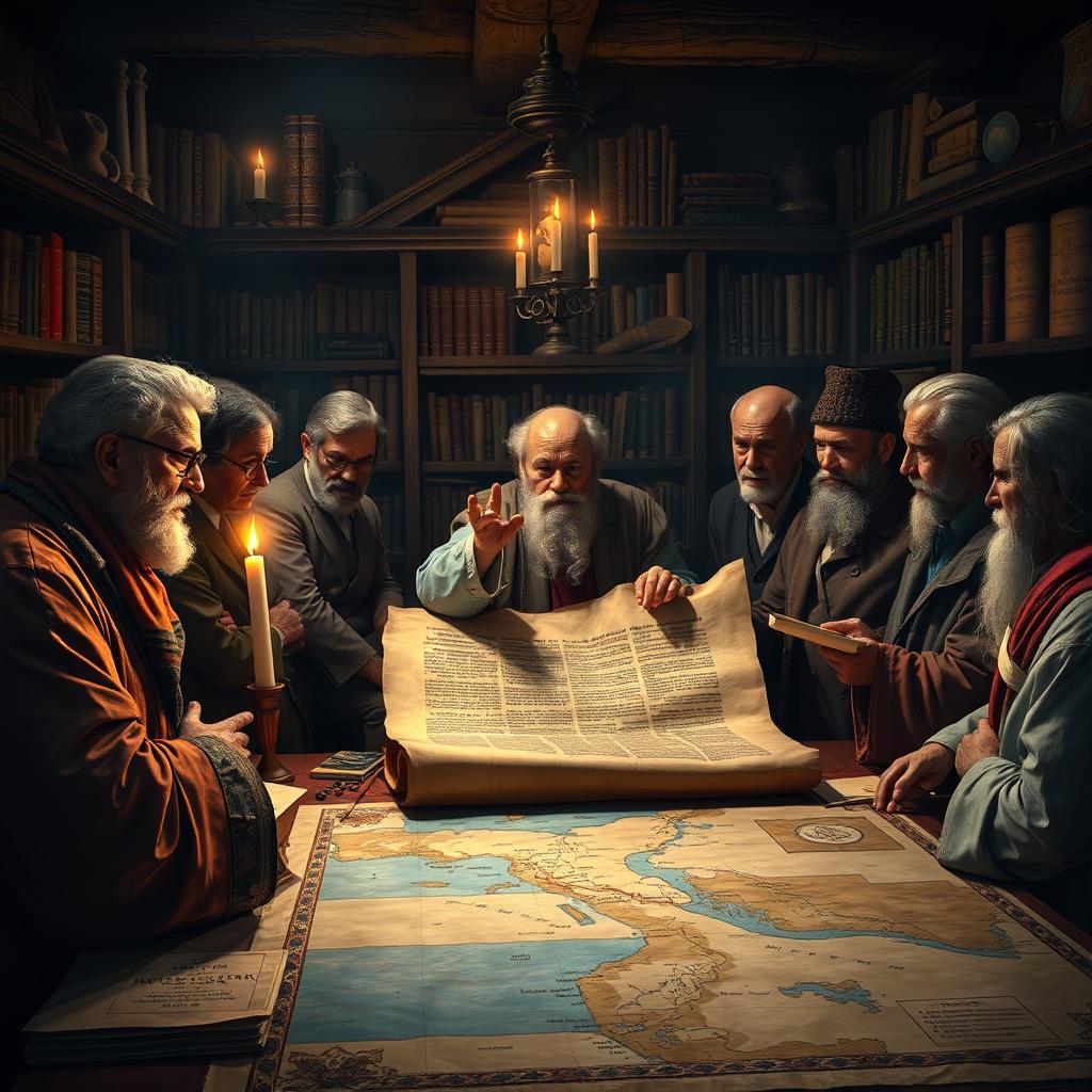 A contemplative scene depicting a diverse group of historians and scholars gathered around a large, ancient scroll in a dimly lit study, deeply engaged in discussion about the historical validity of the Exodus event