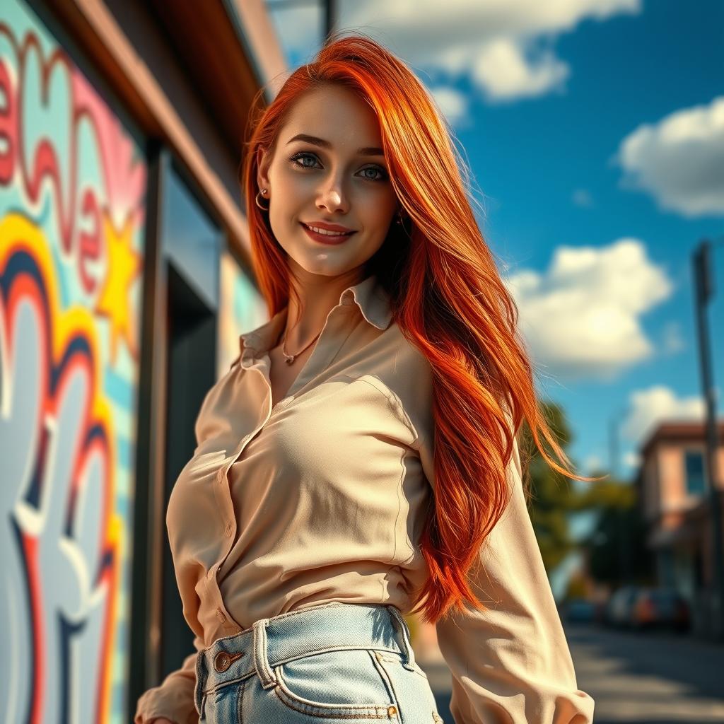 A stunning portrait of a young woman named Tina Bambina, who has vibrant red hair flowing down her shoulders