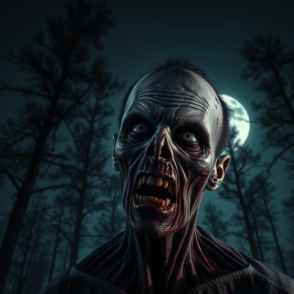 A dark and realistic vertical image intended for a book cover, showcasing a close-up of a zombie with rotting skin and hollow eyes, conveying a sense of menace