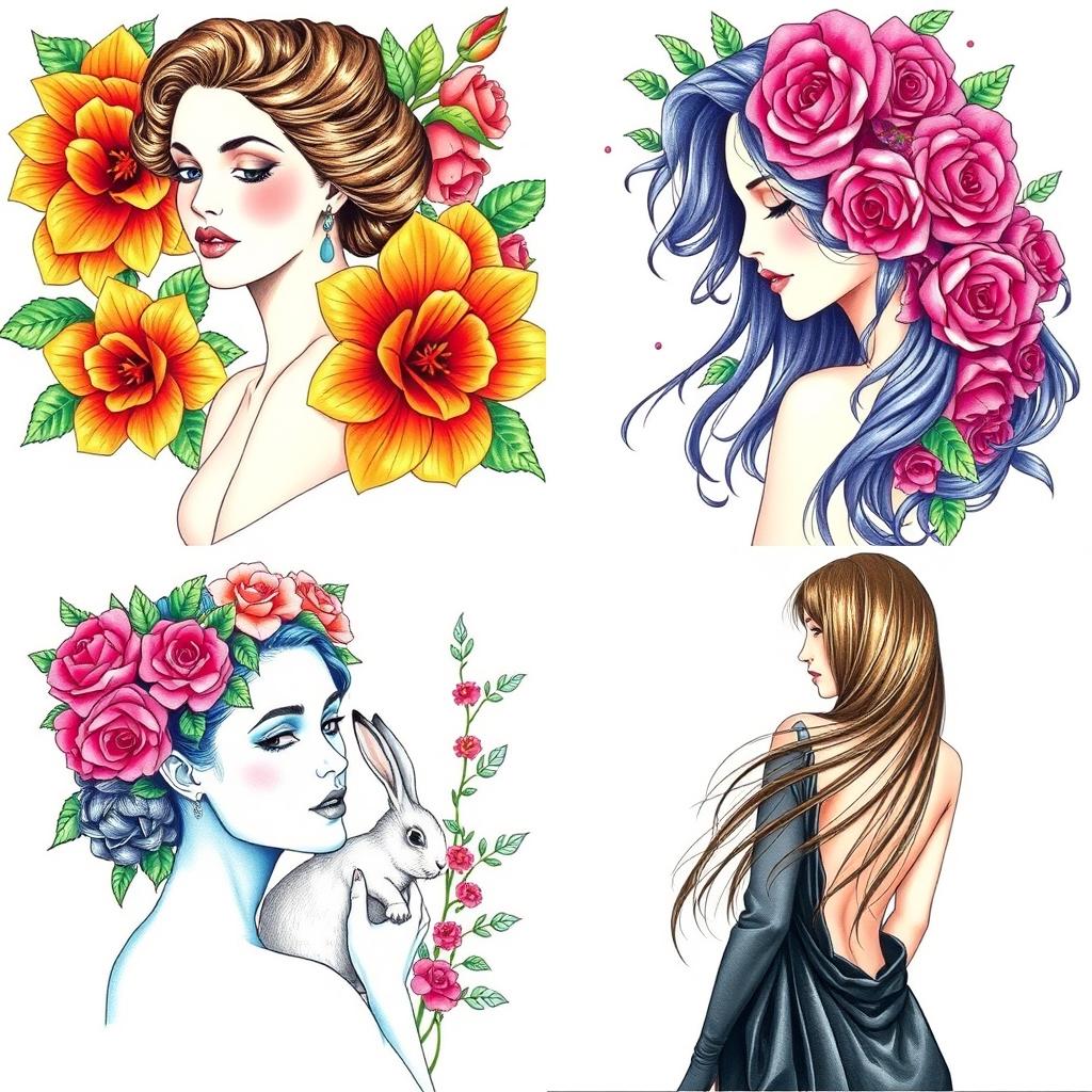 A stunning collage of four artistic drawings featuring women and floral themes