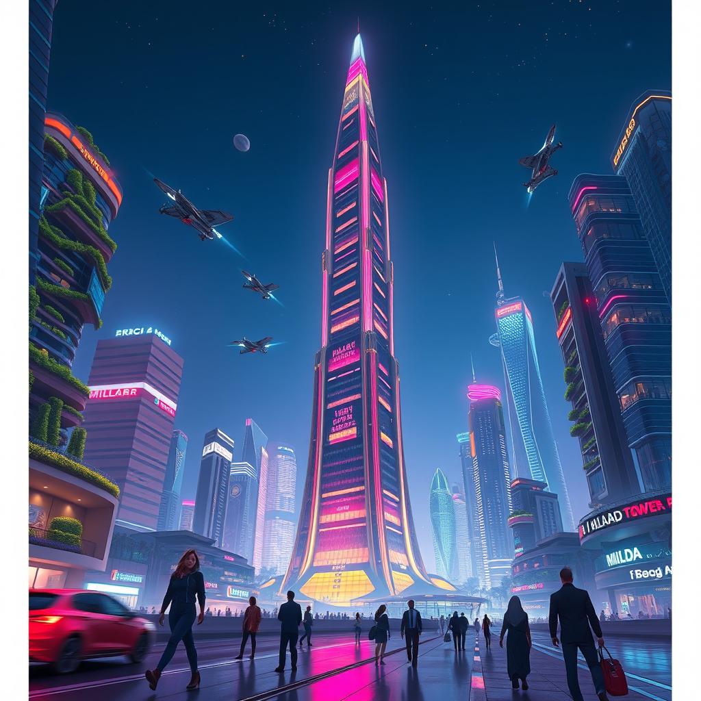 A futuristic depiction of Milad Tower in the year 2050, surrounded by advanced cityscape elements such as flying cars, lush vertical gardens, and luminous skyscrapers