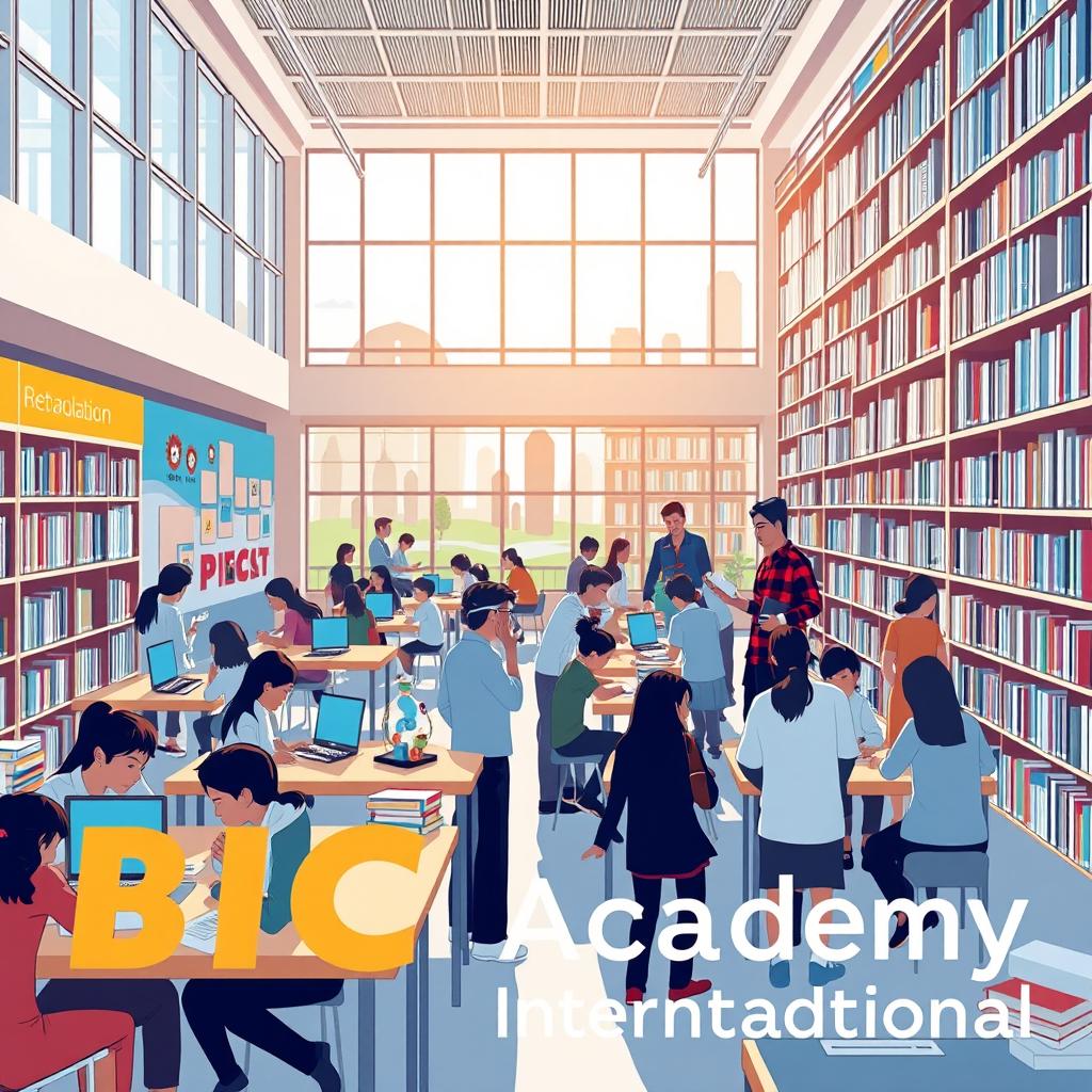 A vibrant and dynamic learning environment showcasing BIC Academy International, with diverse students engaged in various academic activities