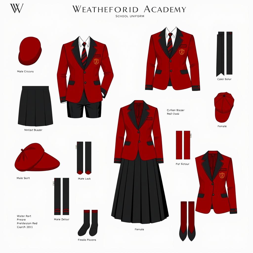 A design showcase of school uniforms for Weatherford Academy, featuring a combination of both male and female outfits