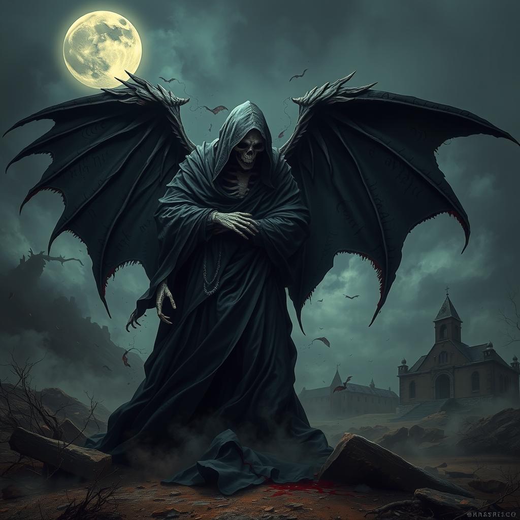 A fearsome depiction of Azrael, the angel of death, manifested in a dark and ominous atmosphere
