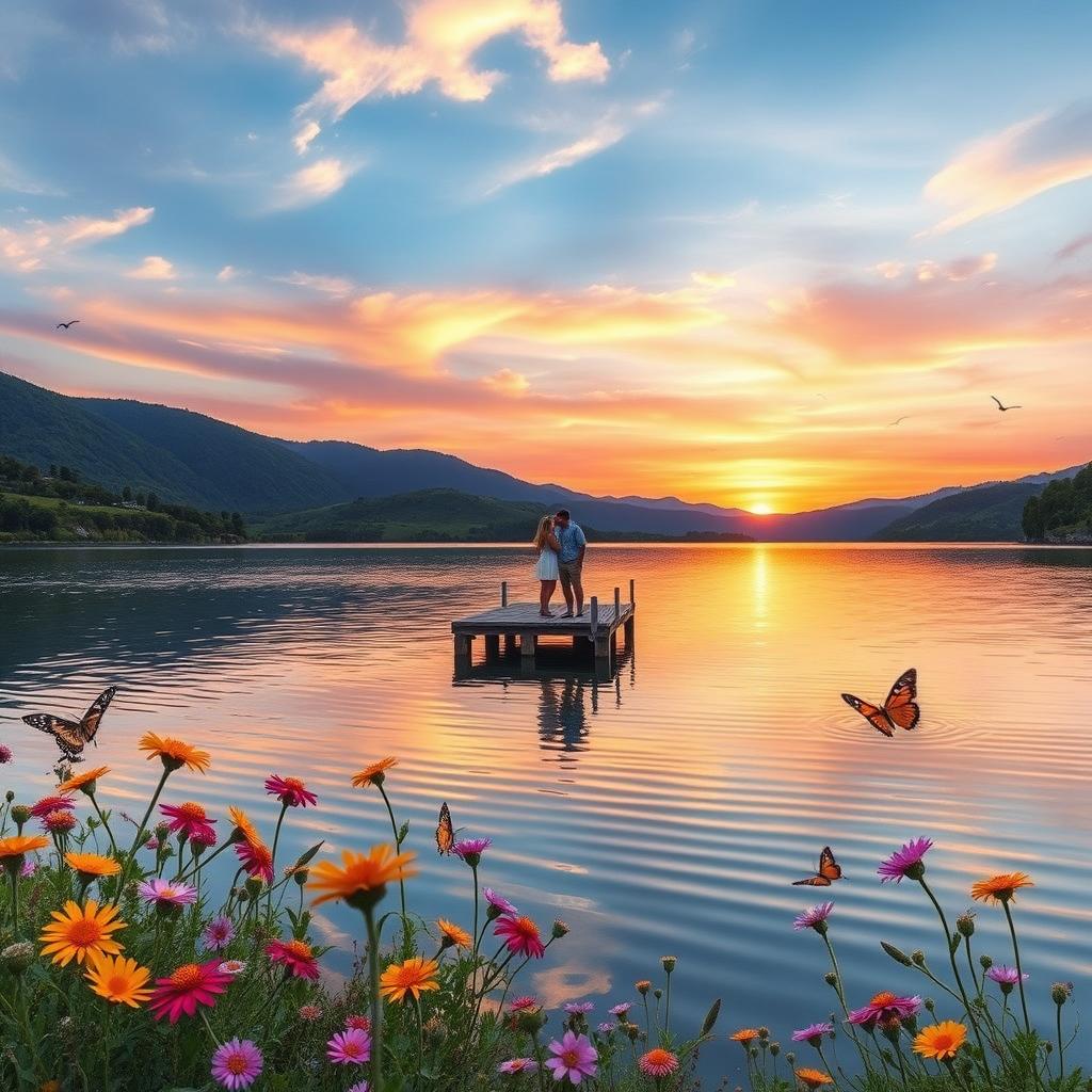 A serene landscape featuring a tranquil lake surrounded by lush green hills and colorful wildflowers